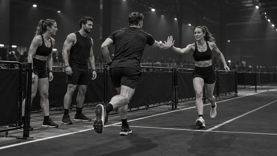 リレーの選手がトランジションゾーンで交代するAI生成イメージ